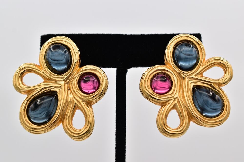Givenchy Vintage Cabochon Clip On Earrings Blue Pink Chunky Signed 1980s BinAI